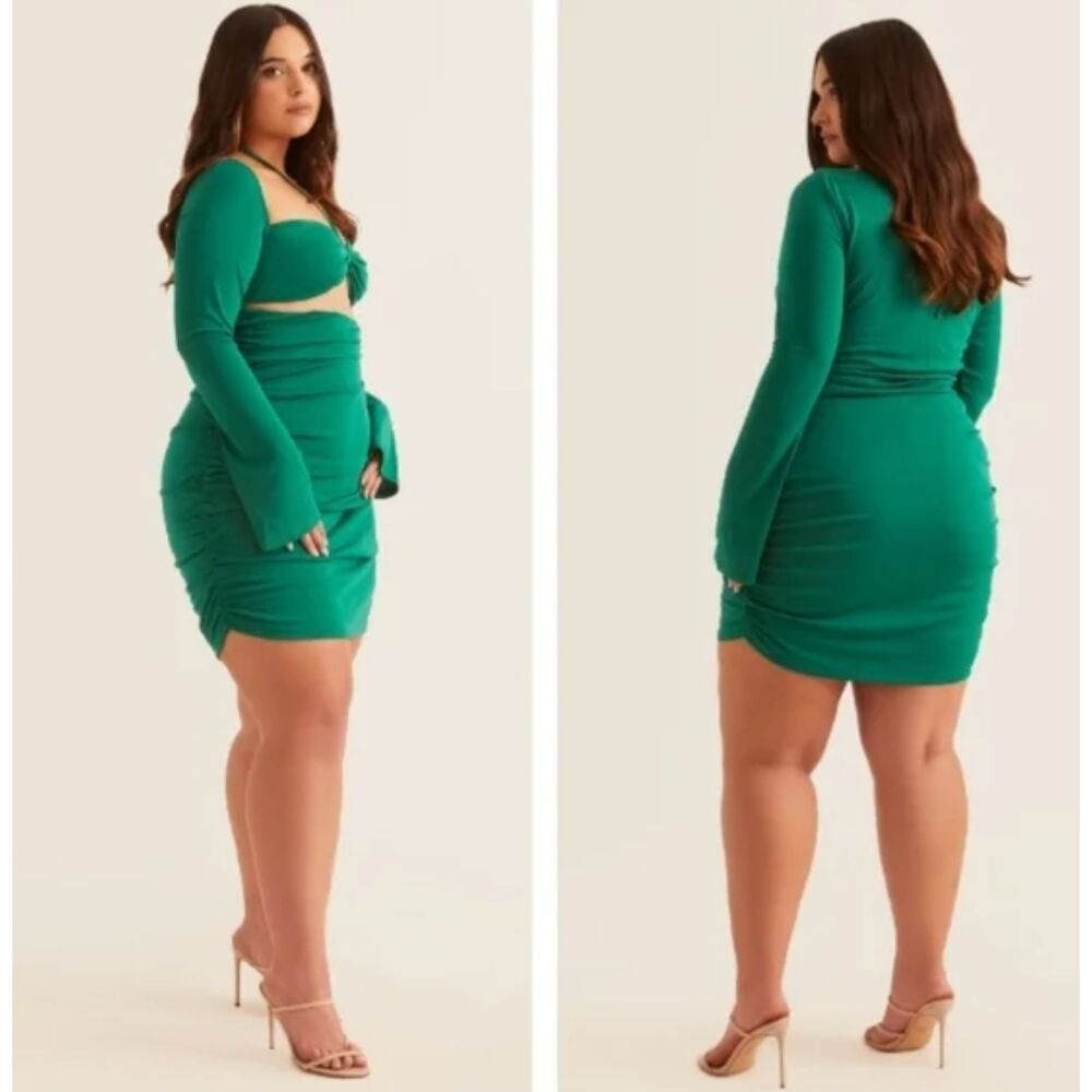 alana eve Bodycon Mini Dress L Women's Green Tie Neck Cut Out Middle Long Sleeve